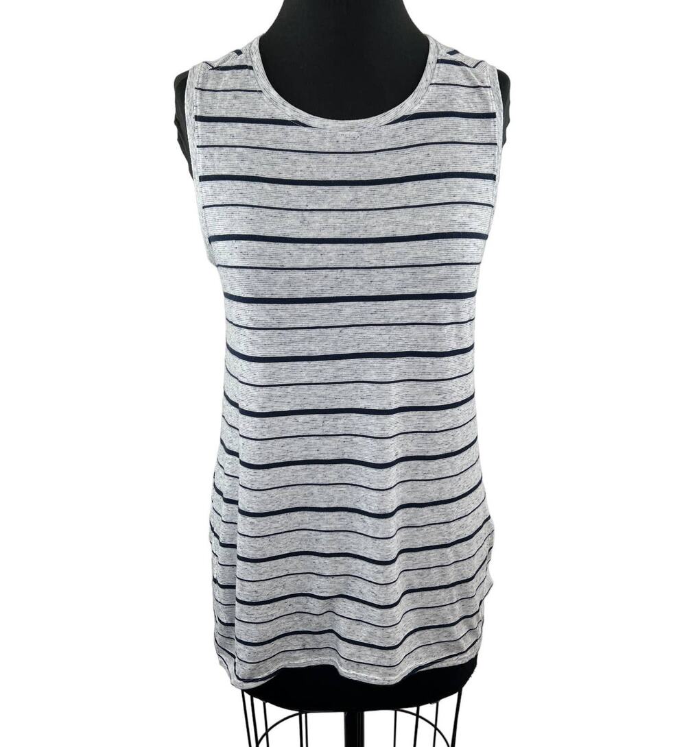 ATHLETA Asana Stripe Tank Top Heather Gray Black Sleeveless Tunic Linen Casual S